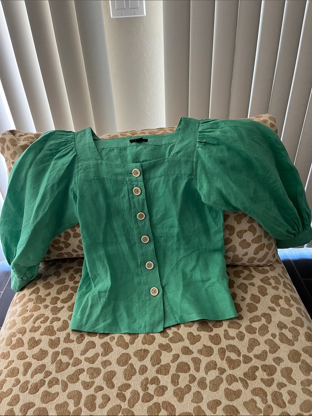 J. Crew Emerald Green Puff-Sleeve Button Front Blouse